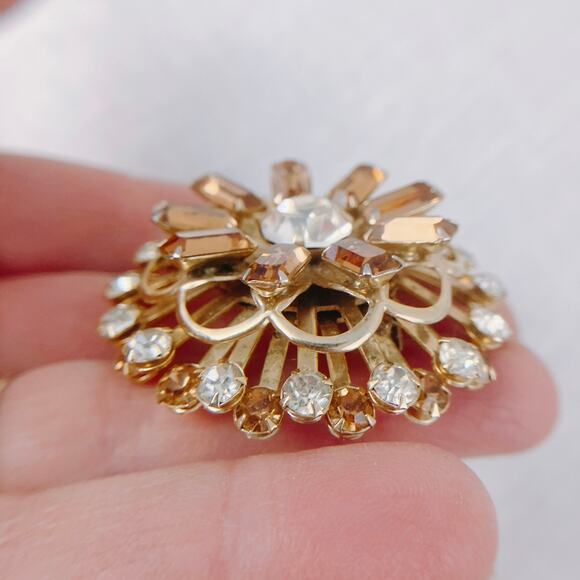 VTG 1950s Rhinestone Domed Layered Swivel Brooch Amber, Clear Stones Gold-Tone - Picture 2 of 7